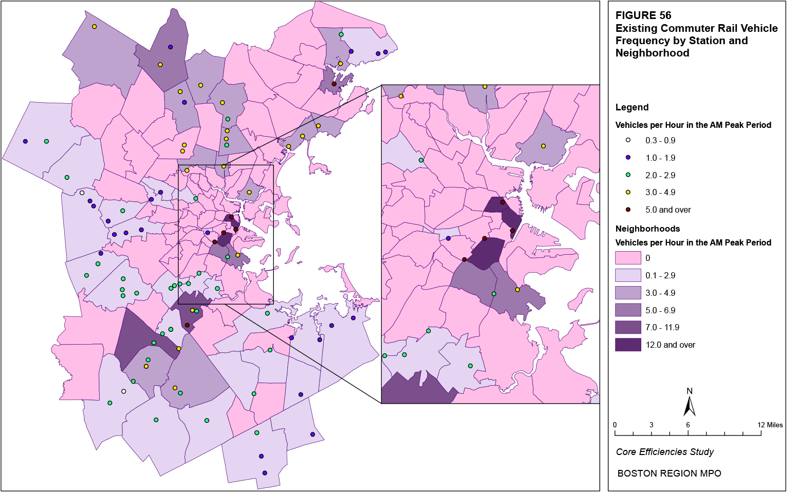 This map shows the existing AM peak commuter rail frequency (vehicles per hour) by station and neighborhood.